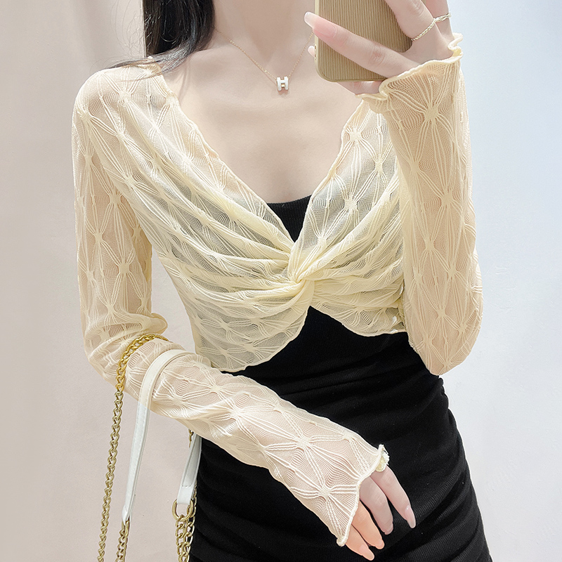 防曬披肩蕾絲打底衫女夏季吊帶裙外搭罩衫透視紗衣短款網紗上衣薄