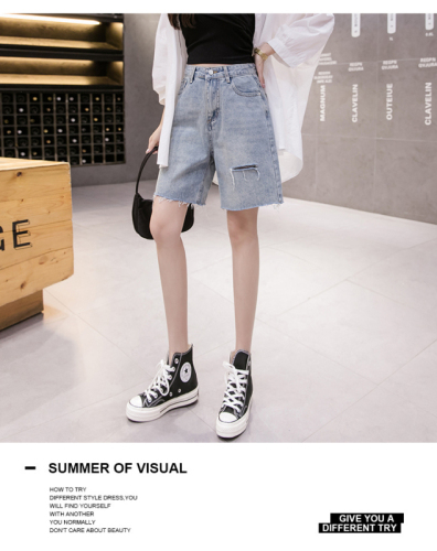 Denim shorts for women in summer, high-waisted, loose, Hong Kong style, straight-leg, wide-leg mid-length pants