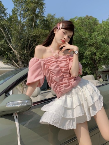 实拍 粉色短袖女衬衫夏季小衫短款洋气性感一字肩上衣高级感