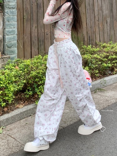 Actual shot of floral embroidered casual straight wide-leg pants for men and women, waist slimming, loose-fitting overalls trousers