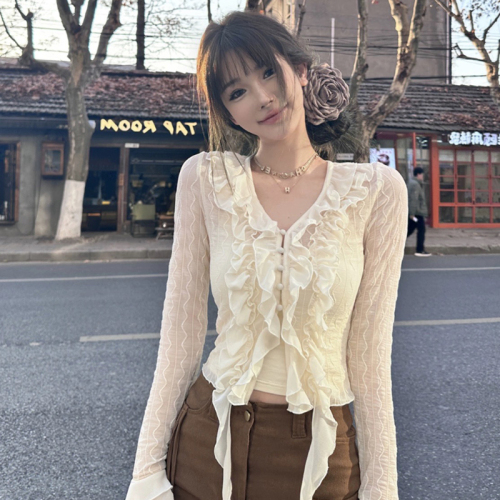 Sweet age-reducing fungus pleated irregular shirt for women 2024 spring new slim fit and versatile top