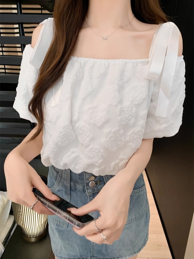 一字肩吊帶泡泡袖上衣女設計感小眾夏季法式復古溫柔鎖骨漂亮襯衫