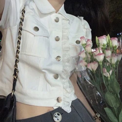 纯棉2024夏季新款短袖玫瑰蕾丝工装牛仔上衣女百搭白色衬衫女
