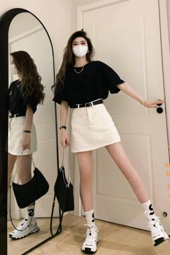Summer gentle style for little people, new Korean fashion short-sleeved T-shirt tops, high-waisted skirt two-piece set