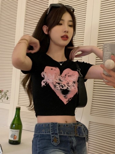 Actual shot of summer pure lust style hot girl love letter printed slim fit short versatile short-sleeved T-shirt top