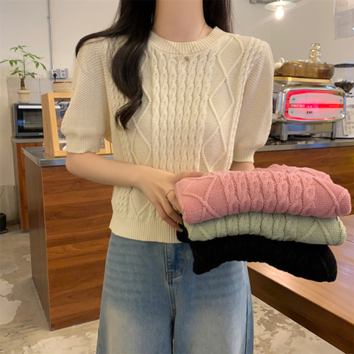 实拍 夏季韩版圆领麻花泡泡袖糖果色设计感针织短袖上衣