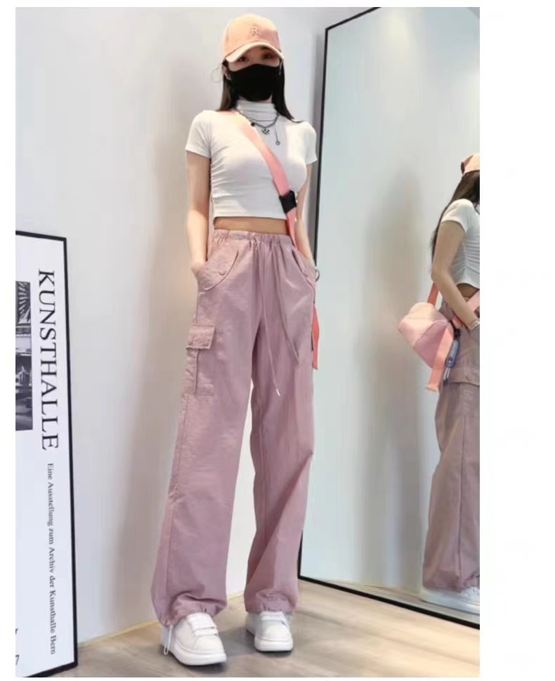 外貿粉色工裝褲女薄款2024夏季新款運動小個子直筒寬鬆闊腿褲