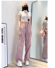 外貿粉色工裝褲女薄款2024夏季新款運動小個子直筒寬鬆闊腿褲