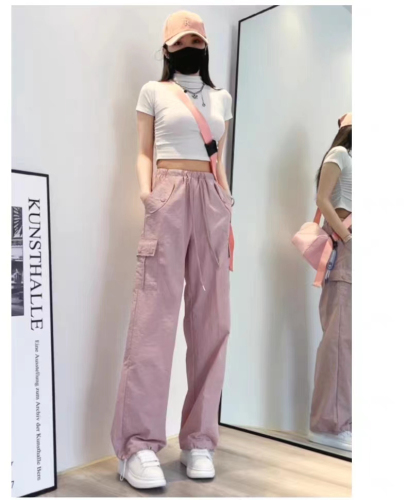 外贸粉色工装裤女薄款2024夏季新款运动小个子直筒宽松阔腿裤