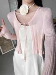 優夏季薄款仿亞麻系帶小披肩外搭配吊帶裙短款長袖防曬罩衫開衫女