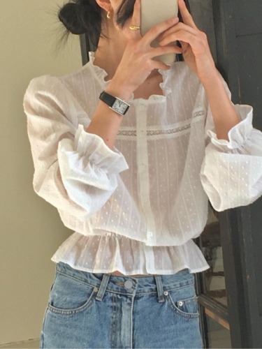 Korean chic spring and summer temperament cotton jacquard lace splicing single-breasted waist long-sleeved shirt