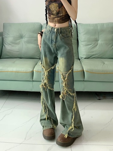 Real shot!  !  !  American retro hottie strappy bow-knot raw edge niche horseshoe slightly flared jeans