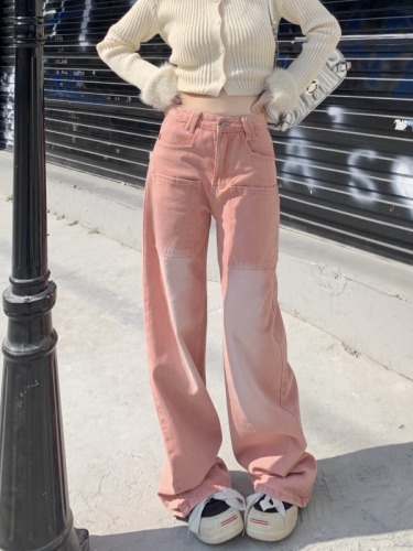 Real shot!  !  Retro pink jeans washed and distressed loose straight wide-leg casual stacked trousers