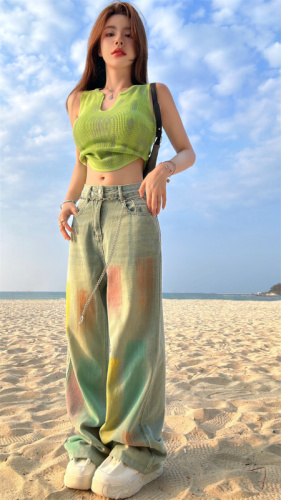 Real shot of colorful smudged jeans for hot girls, slim fit, high-waisted straight trousers + suspenders set, two-piece set