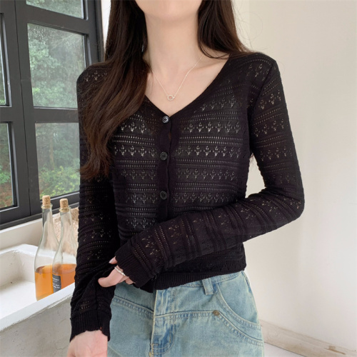 Women's hollow knitted cardigan, thin summer coat, ice silk sunscreen air-conditioning shirt, shawl, long-sleeved short top