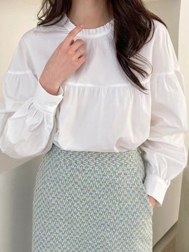 韩国东大门春装新款白色减龄圆领木耳边宽松泡泡袖衬衫长袖上衣女