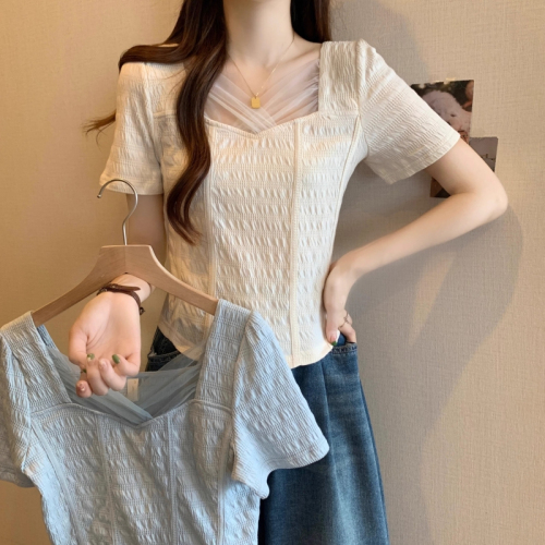 Official photo, short-sleeved T-shirt for women, summer slimming, right-shoulder, herringbone square-neck design, lace mesh splicing top