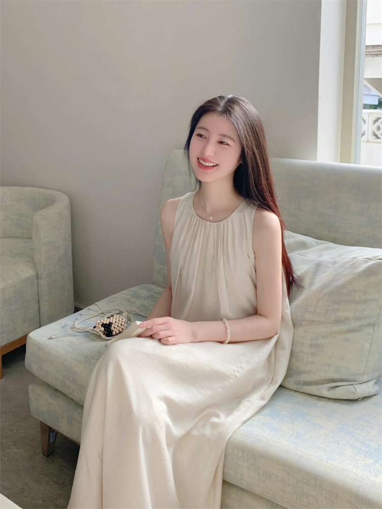 超仙森系無袖掛脖初戀連衣裙女溫柔風海邊度假沙灘裙桔梗吊帶長裙