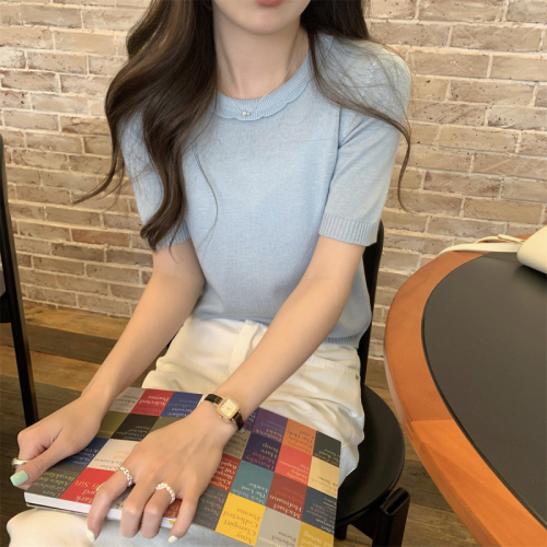 实拍 夏季韩版减龄花边领纯色6羊毛高级感针织短袖上衣