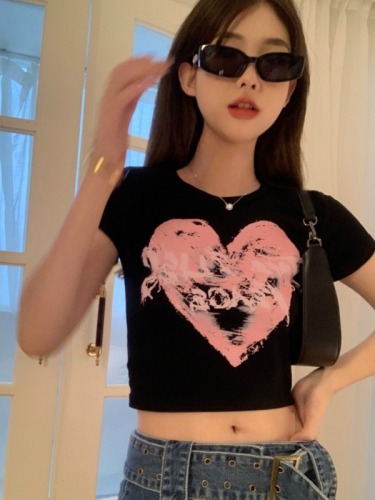 Actual shot of summer pure lust style hot girl love letter printed slim fit short versatile short-sleeved T-shirt top