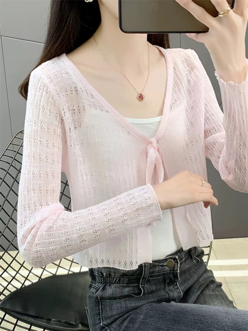 Women's Summer Thin Bamboo Node Cotton Straps Small Shawl, Outwear with Slip Dress, Short Sleeve Sun Protection Blouse Cardigan