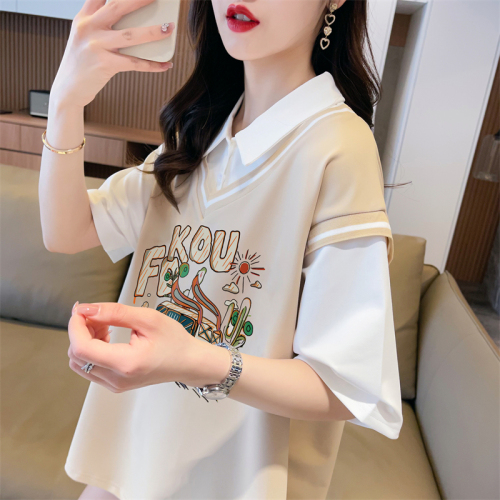 First real shot of twill pull-up fake two-piece short-sleeved T-shirt for women summer new loose top trendy brand quality