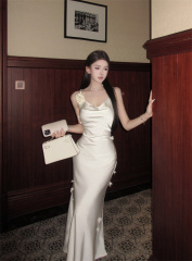 Women's Summer Designer Satin Neckline Halter Dress with Hand-Stitched Floral Details