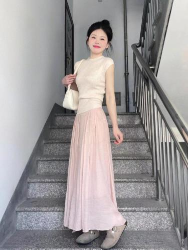 Tea style high-waist A-line skirt for small women new summer gentle pink suit