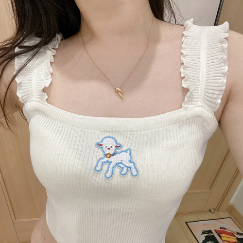 French lamb embroidered small suspender thin vest for women to wear in summer, sweet and slim, short, chic, sweet and spicy top
