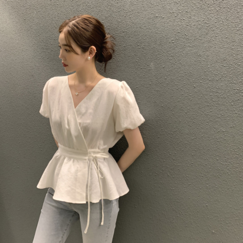 Size update Korean ins summer temperament gentle waist strap short-sleeved shirt