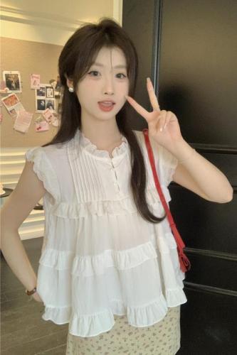 实拍 韩系减龄蕾丝花边飞飞袖设计感褶皱小个子宽松衬衫女
