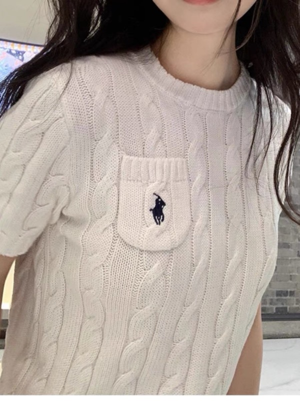 2024 Summer Clothing Ponyboy Twist Cable Pullover Thin Knit Sweater Round Neck Slim Short Sleeve T-Shirt Women's Top