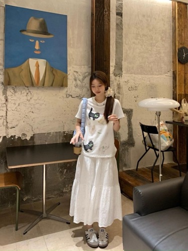 200g combed compact offspun pure cotton back strip Spring and summer loose right shoulder printed short-sleeved T-shirt