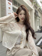 Photographed Summer Korean Style Loose Lace Edge Lattice Strap Open Shirt Sun Protection Long Sleeve T-Shirt Top for Layering