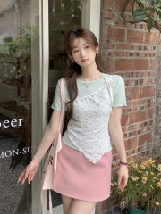 Photographed 2024 Summer New Sweet and Elegant Asymmetrical Patchwork Floral Two-Piece Top for Women with Belt