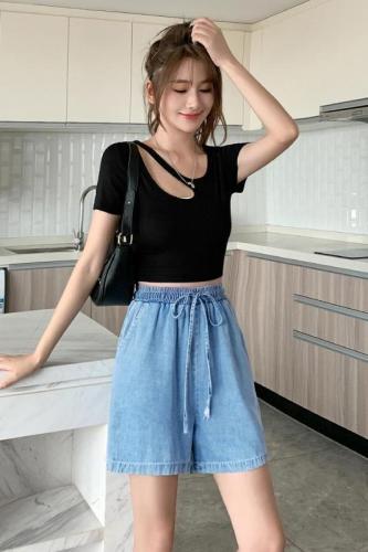 Real shot of college style Tencel five-point pants women's summer thin elastic loose wide-leg denim shorts