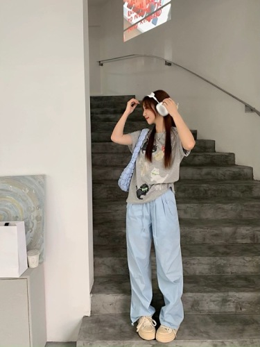 200g combed compact offspun pure cotton back strip Spring and summer loose right shoulder printed short-sleeved T-shirt