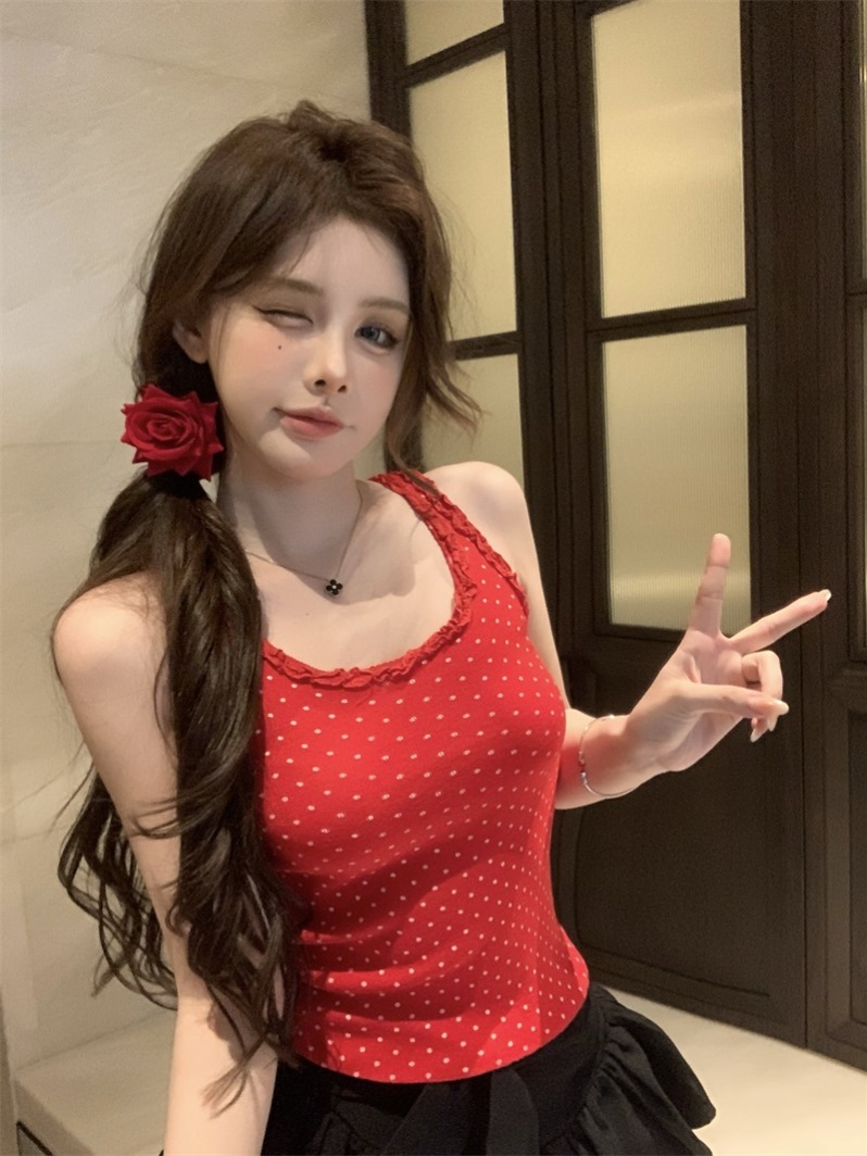 實拍！辣妹外穿內搭圓點背心女夏字修身顯瘦打底短款純欲上衣
