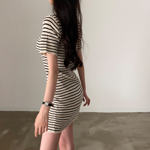 韩国chic收腰显瘦设计感小众夏季T恤裙小个子条纹POLO连衣裙