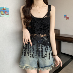 Item: Photography New Sleeveless Lace Front with Fringe V-Neck Blouse for Women
