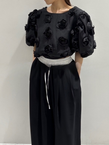 Korean chic summer design round neck three-dimensional flowers back strap short-sleeved shirt