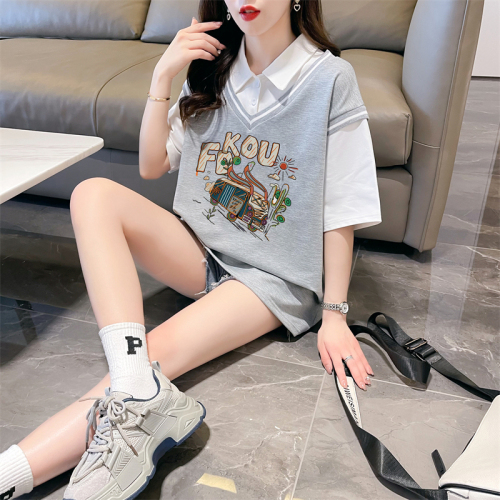 First real shot of twill pull-up fake two-piece short-sleeved T-shirt for women summer new loose top trendy brand quality