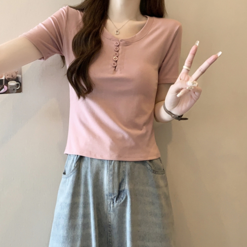 实拍短袖T恤女纯棉2024夏季韩版新款设计感纽扣轻熟纯欲小众上衣