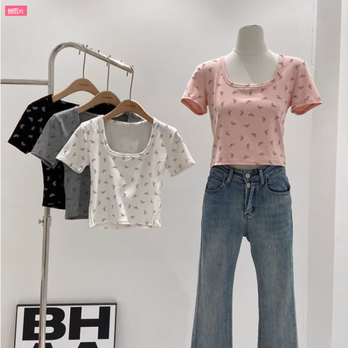 韩系减龄蝴蝶结方领短袖T恤女2024夏季新款ins甜辣妹短款显瘦上衣