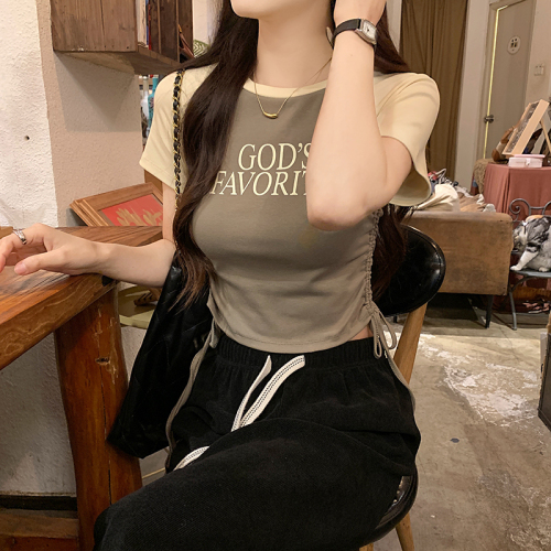 实拍#短袖t恤女夏2024短款潮修身插肩袖圆领韩版女装