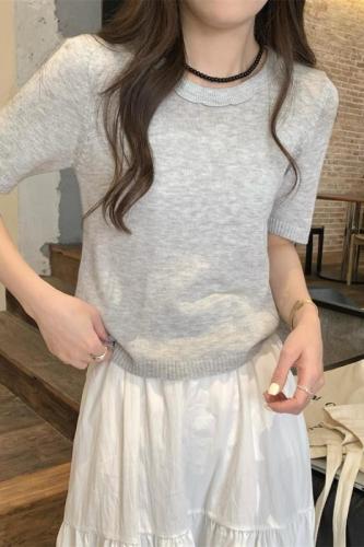 实拍 夏季韩版减龄花边领纯色6羊毛高级感针织短袖上衣