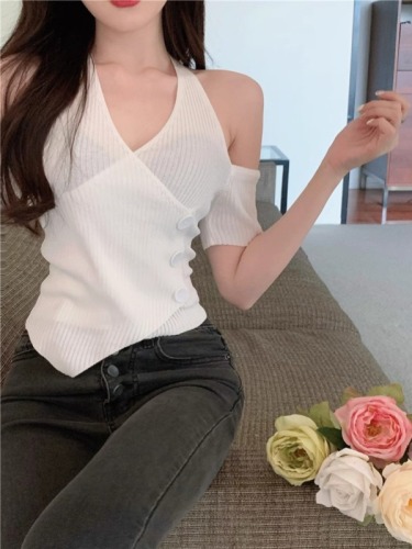 Actual shot of sexy off-shoulder halterneck short-sleeved knitted top with irregular design for women in pure lust style