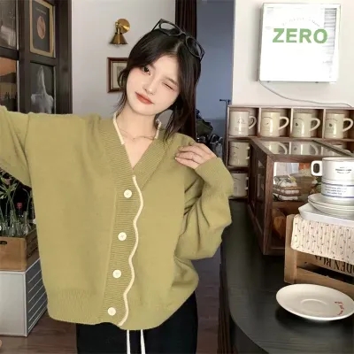 韓系CHICVEN軟糯親膚俏皮減齡寬鬆v領波浪門襟長袖毛針織開衫女秋