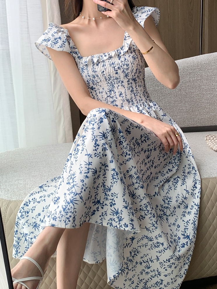 FT GUOGE碎花連衣裙女2024夏季新款小飛袖法式茶歇收腰方領長裙子