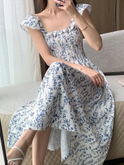 FT GUOGE Floral Print Dress for Women 2024 Summer New Arrival Small Sleeve French Tea Party Fitted Waist Square Collar Long Skirt